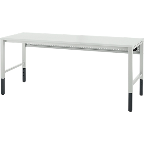 Een witte tafel met een grijs metalen frame. De poten hebben zwarte uiteinden. Op een lichte achtergrond.