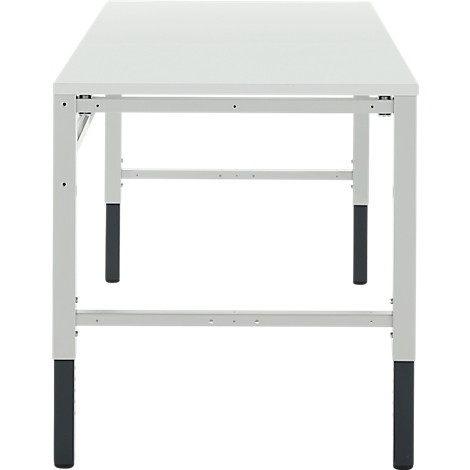 Witte tafel, van voren gefotografeerd, op een witte achtergrond. Grijs frame, zwarte poten.