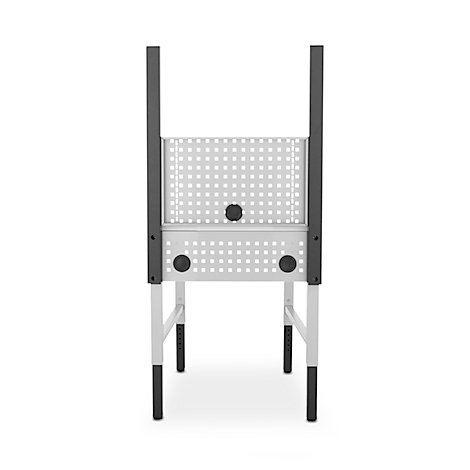 Een wit werkbankmodule met grijze steunen. Het tafelblad heeft gaten en knoppen. De poten zijn in hoogte verstelbaar.