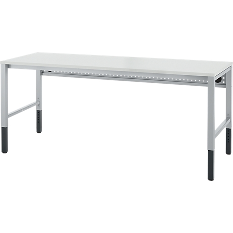 Witte tafel met zilveren poten, zwarte uiteinden. Grijze structuur onder het tafelblad.