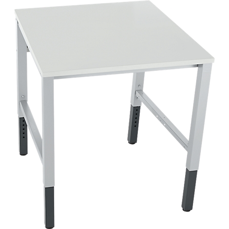 Een witte tafel met een metalen frame. De poten zijn zwart, de rest is wit. Perspectiefopname.