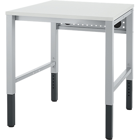 Witte vierkante tafel met metalen poten. De voeten zijn zwart, de rest lichtgrijs. Vooraanzicht.