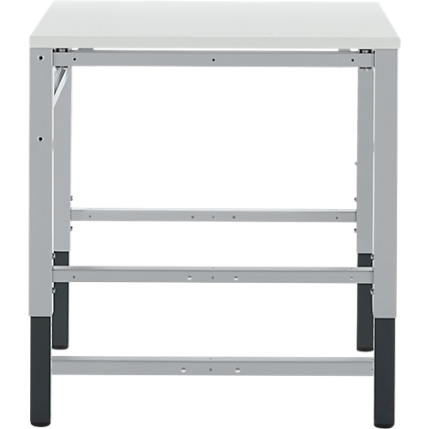 Witte tafel met metalen frame. Vier zwarte poten, twee dwarsbalken.