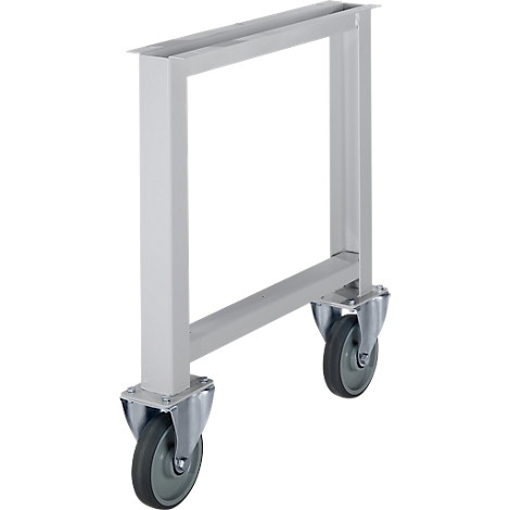 Gray metal frame with casters. Rectangular shape with two wheels at the bottom and two feet at the top.