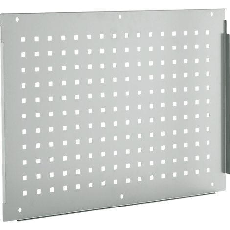 Grijze metalen plaat met veel vierkante gaten. Aan de zijkant is een smalle metalen strip bevestigd.
