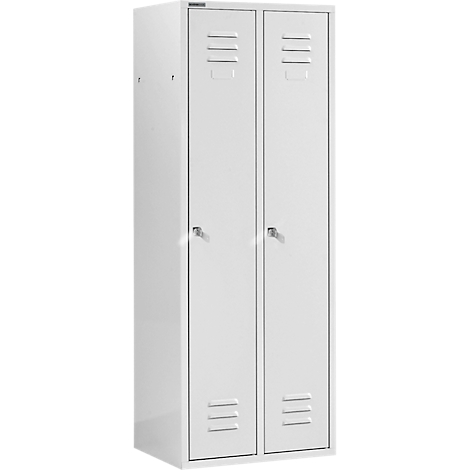 A white metal locker with two doors, each with ventilation slots and a handle.