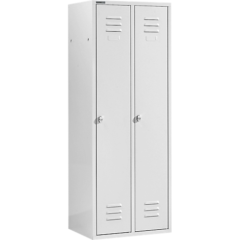A white metal cabinet with two doors. Each door has ventilation slots and a handle. The cabinet stands upright.