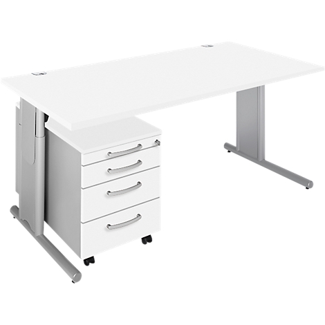 A white desk with silver legs and a white rolling cabinet with drawers.