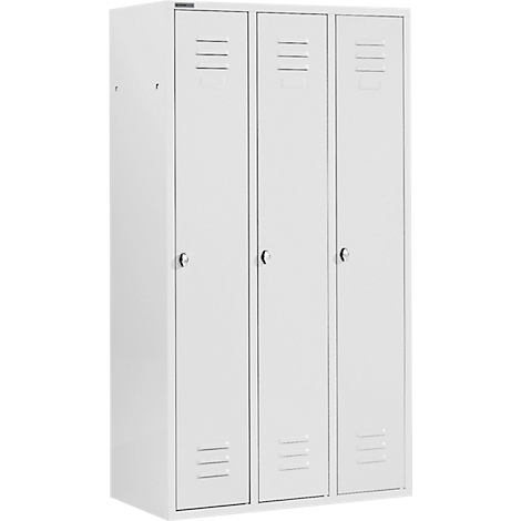 Triple metal locker cabinet in white. Each door has ventilation slots and a round handle.