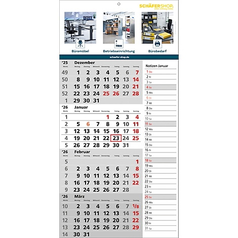 Monatskalender mit rot markierten Daten, Produktfotos oben.