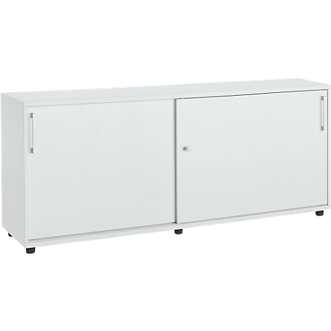 Wit dressoir met twee schuifdeuren en smalle handgrepen. Staat op zwarte voetjes, zonder decoratie.