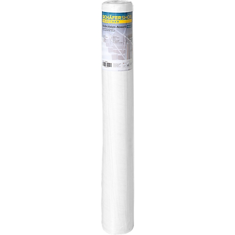 Eine aufrecht stehende Rolle weißes Reinigungspapier der Marke Schäfer Shop in transparenter Kunststoffverpackung.