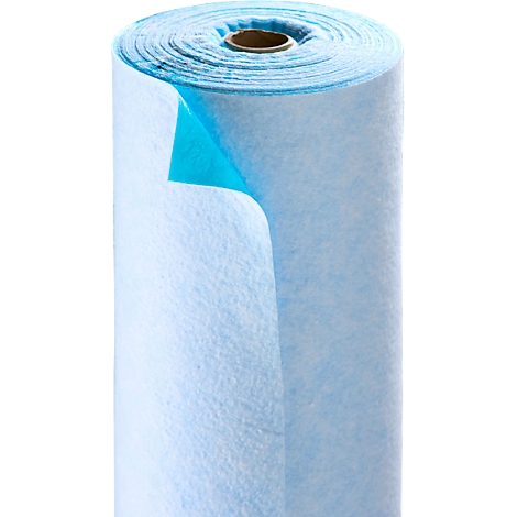 Eine aufrecht stehende Rolle hellblaues Einwegpapier mit einem aufgeschlagenen Anfang.