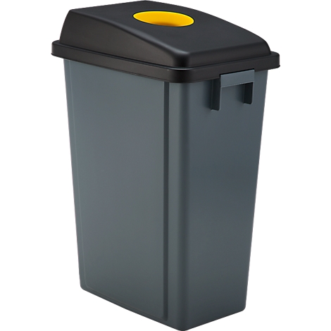 Grauer Mülleimer mit schwarzem Deckel und gelber Öffnung. Der Mülleimer hat einen Griff und steht aufrecht.