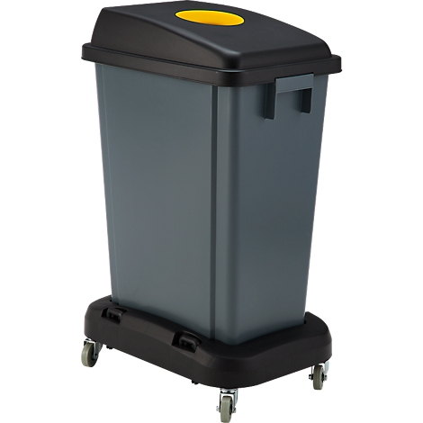 Grauer Abfallbehälter mit Deckel und Rollen. Oben ein gelbes Loch.