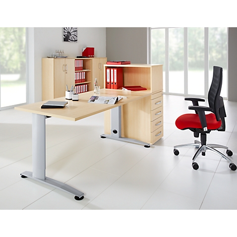 Office set up with desk, swivel chair and filing cabinets in light wood. Documents are on the desk.