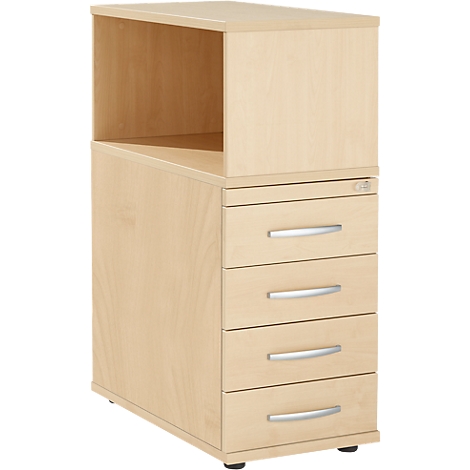 Beige office cabinet with four drawers and an open compartment. Silver metal handles.