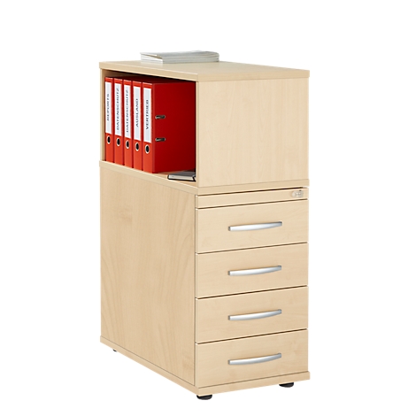 Beige office cabinet with red folders and drawers.