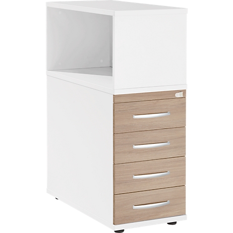A white filing cabinet with an open top shelf and four wooden drawers.