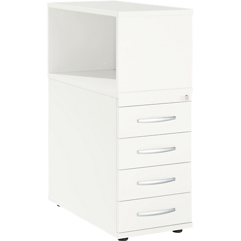 White rolling container with 4 drawers and an open compartment on top. The drawers have silver handles.