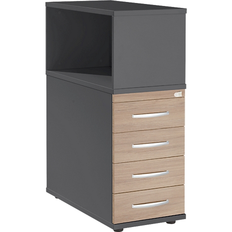 Cabinet with drawers and open compartment at the top, gray and wood look. Silver-colored handles. Stands on gray floor.