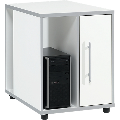 A white computer cabinet with a gray frame. It has a door, a black PC and black legs.