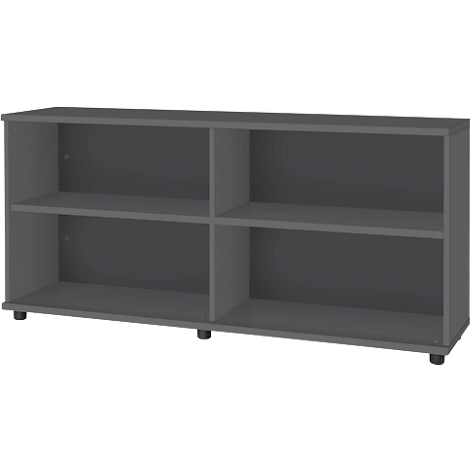 Grey shelf with two tiers and four compartments. The shelf stands on small black feet.