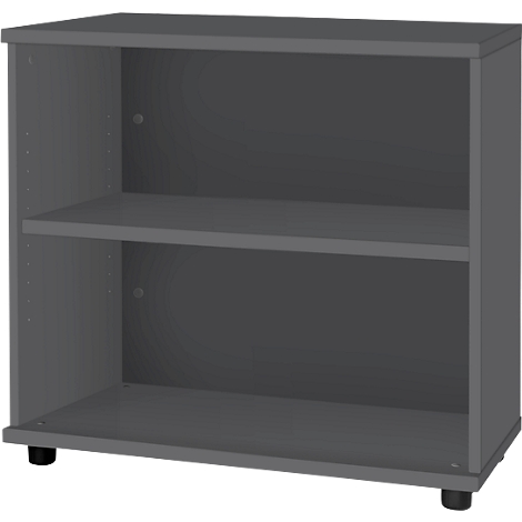 Grey, two-story shelf with two compartments. It stands on small, black feet.