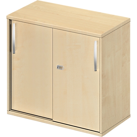 Cabinet with two doors. Wooden look, light color, handles and grip.