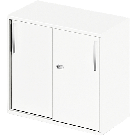 White, rectangular cabinet with two doors. It has silver handles and a silver lock.