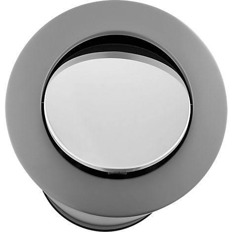 Gedetailleerde close-up van een ronde grijze ventilatieopening met een glanzend, zilverkleurig centraal deel.
