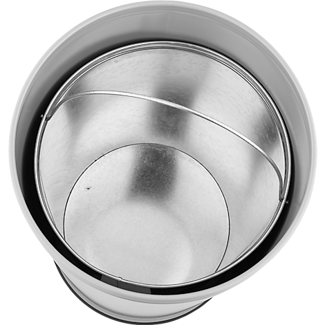Bovenaanzicht van een witte trechter met een metalen binnenvoering en een metalen ring.