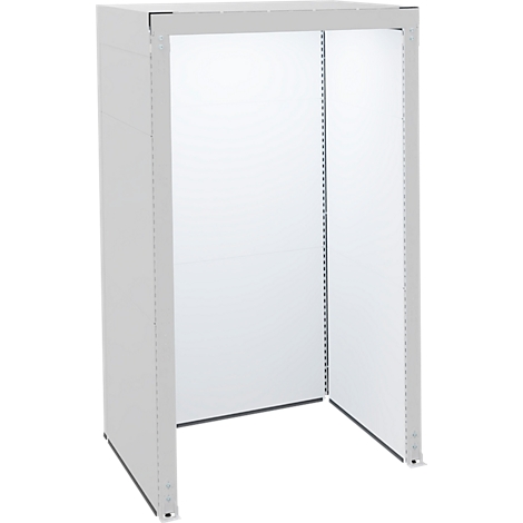 Lichtgrijs metalen frame, open, verticale panelen met klinknagels. Rechthoekige vorm.