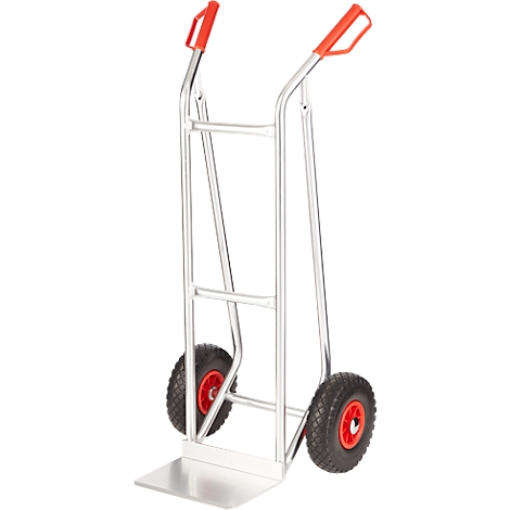 Sackkarre aus Metall mit roten Griffen und Rädern.