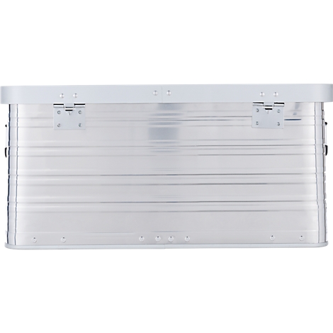 Silberne Box mit horizontalen Rillen, Scharniere oben. Klare Linien, neutraler Hintergrund.