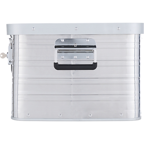 Silberne Aluminiumbox mit Griff, Schloss und Rillen. Gezeigt wird die Frontansicht der Box.