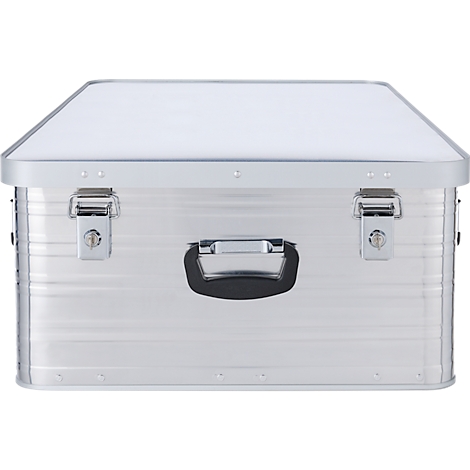 Silberne Transportbox mit Deckel, schwarzen Griff und zwei Verschlüssen.