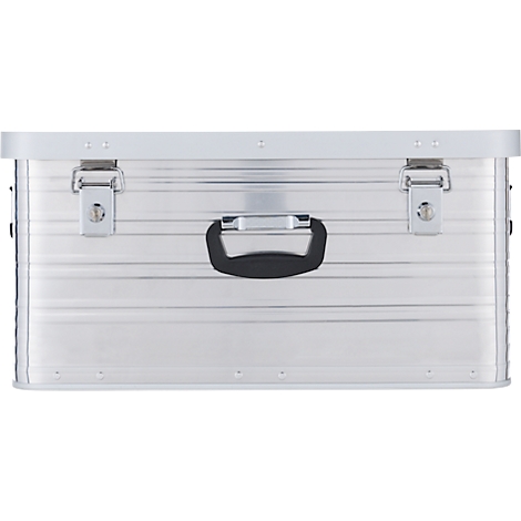 Eine silberne Aluminiumbox mit schwarzem Griff und zwei Verschlüssen.