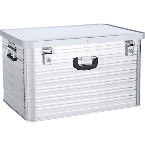 Silberne Aluminiumbox mit Griffen und Verschlüssen. Die Oberfläche ist geriffelt.