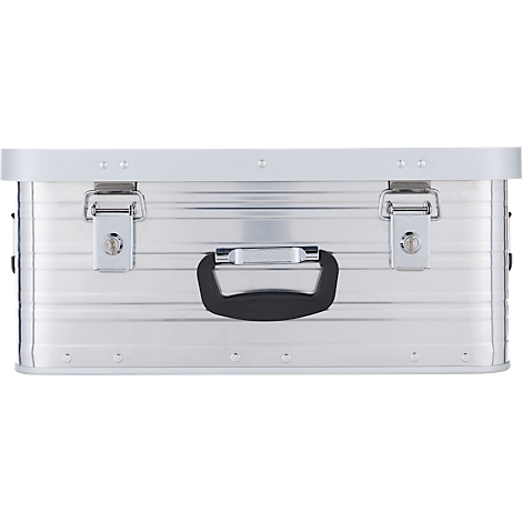 Silberne Aluminiumbox mit schwarzem Griff und silbernen Verschlüssen.