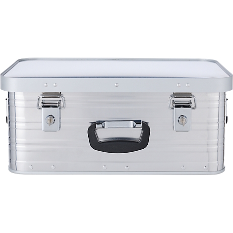 Silberne Aluminiumbox mit Griff, Verschlüssen und geriffelter Oberfläche.