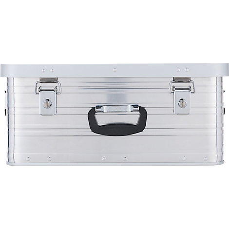 Silberne Aluminiumbox mit zwei Verschlüssen, einem Griff und geriffelter Oberfläche.