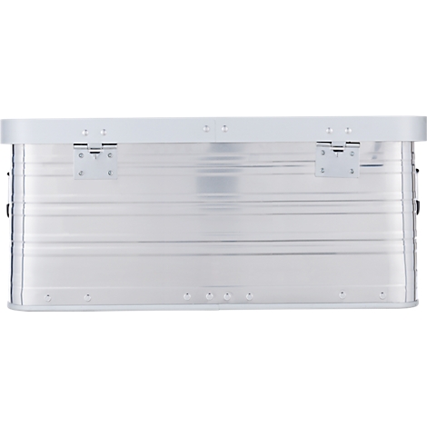 Detailansicht einer silberfarbenen, geriffelten Aluminiumbox mit zwei Scharnieren und einem Verschluss.