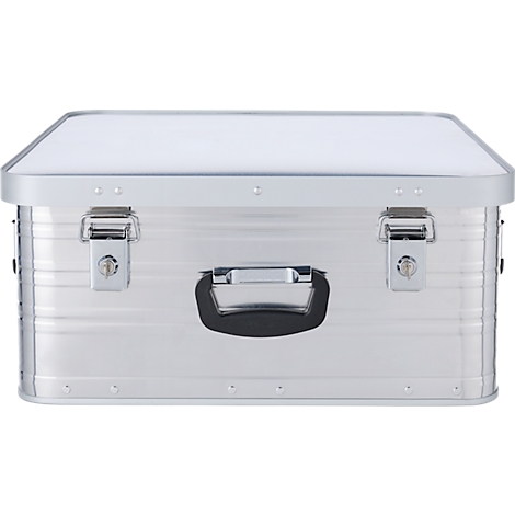 Silberne Transportbox mit schwarzen Griff und zwei Verschlüssen.