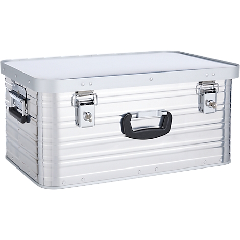 Silberne Aluminiumbox mit Deckel, schwarzen Griff und zwei silbernen Verschlüssen.