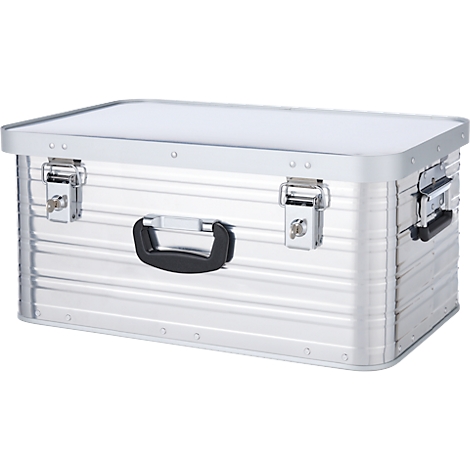 Silberne Aluminiumbox mit schwarzem Griff und zwei Verschlüssen.
