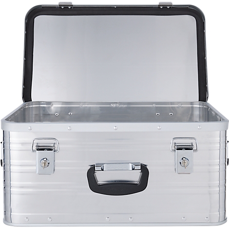 Silberne Aluminiumbox mit offenem Deckel. Schwarzer Griff und Verschlüsse.