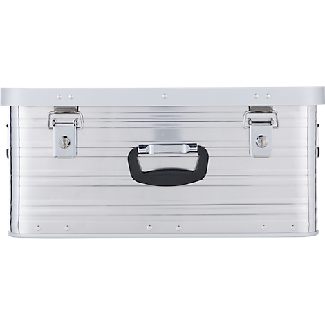 Silberne Aluminiumbox mit schwarzem Griff und silbernen Verschlüssen.