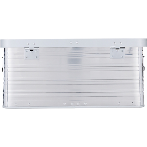 Aluminiumkoffer mit geriffelter Oberfläche, helle Scharniere und Halterungen.