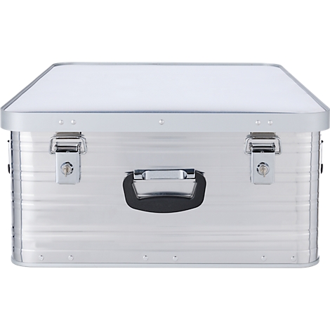 Silberne Box mit Griff, zwei Verschlüssen und geriffelter Oberfläche.